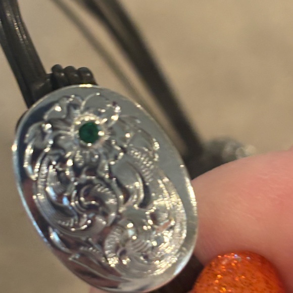 NWOT Silver and Black leather adjustable bracelet with green crystal accents. - Picture 6 of 7